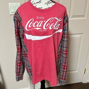 Upcycled Red Coca-Cola with  Plaid Flannel Long Sleeves